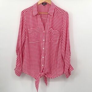 Jones New York Pink/White Checkered Plaid Tie Front V Neck Button Top Size L